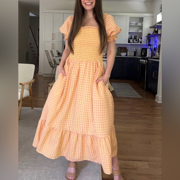 NWT Rachel Parcell Smocked Gingham Print Midi Dress with Pockets - Picture 4 of 7